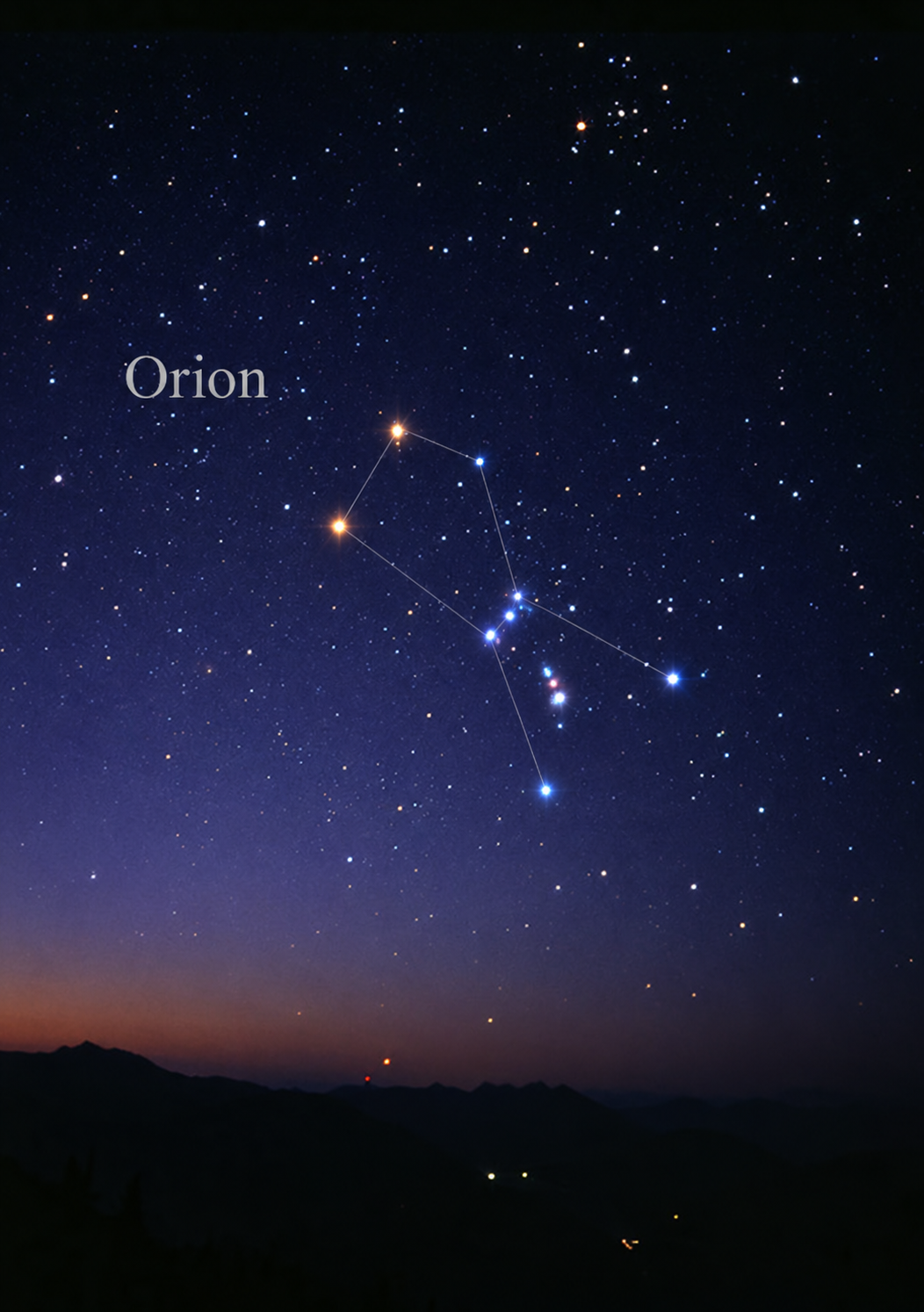 Orion rising in the eastern sky, with the Belt tilted and the Sword hanging toward the horizon.