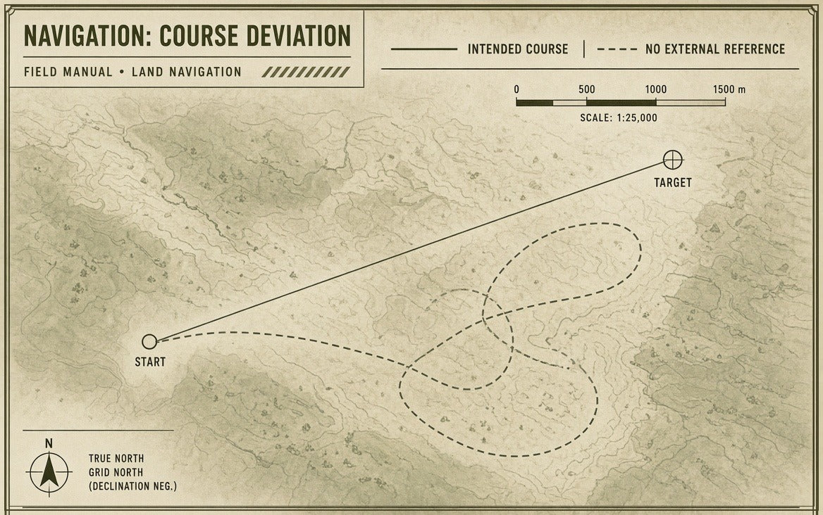 Field manual plate showing an intended course to a target and a dashed track that loops without an external reference.