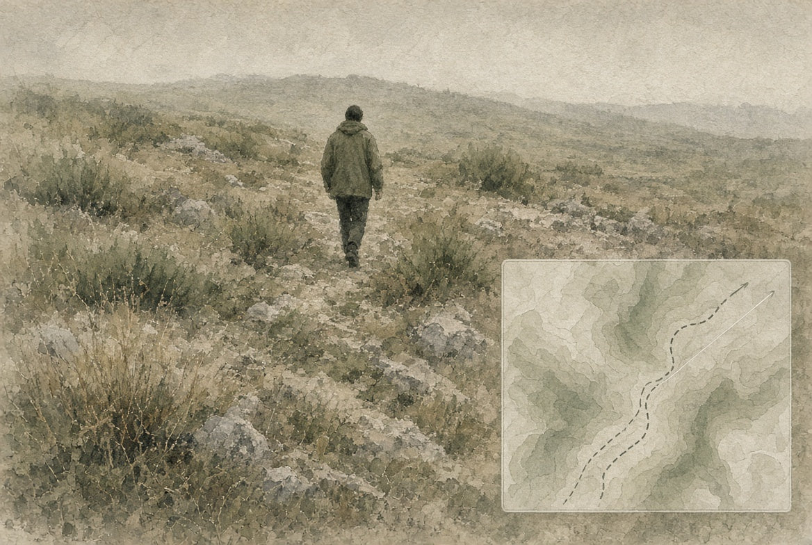 A navigator moving through broken terrain, with a straight intended azimuth and a curving ground track on the map inset.
